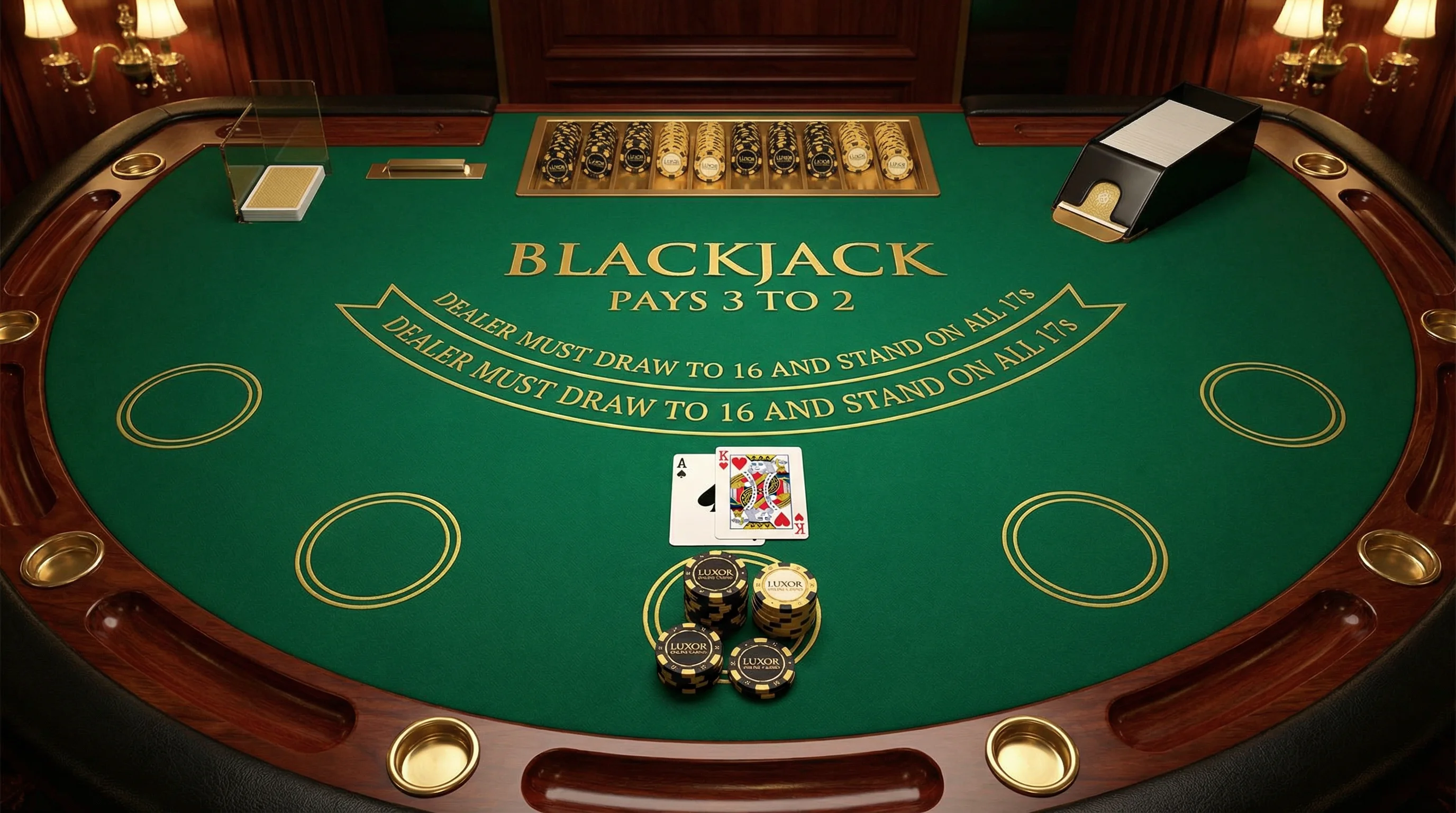 Mesa de blackjack profesional con cartas y fichas en betway mx